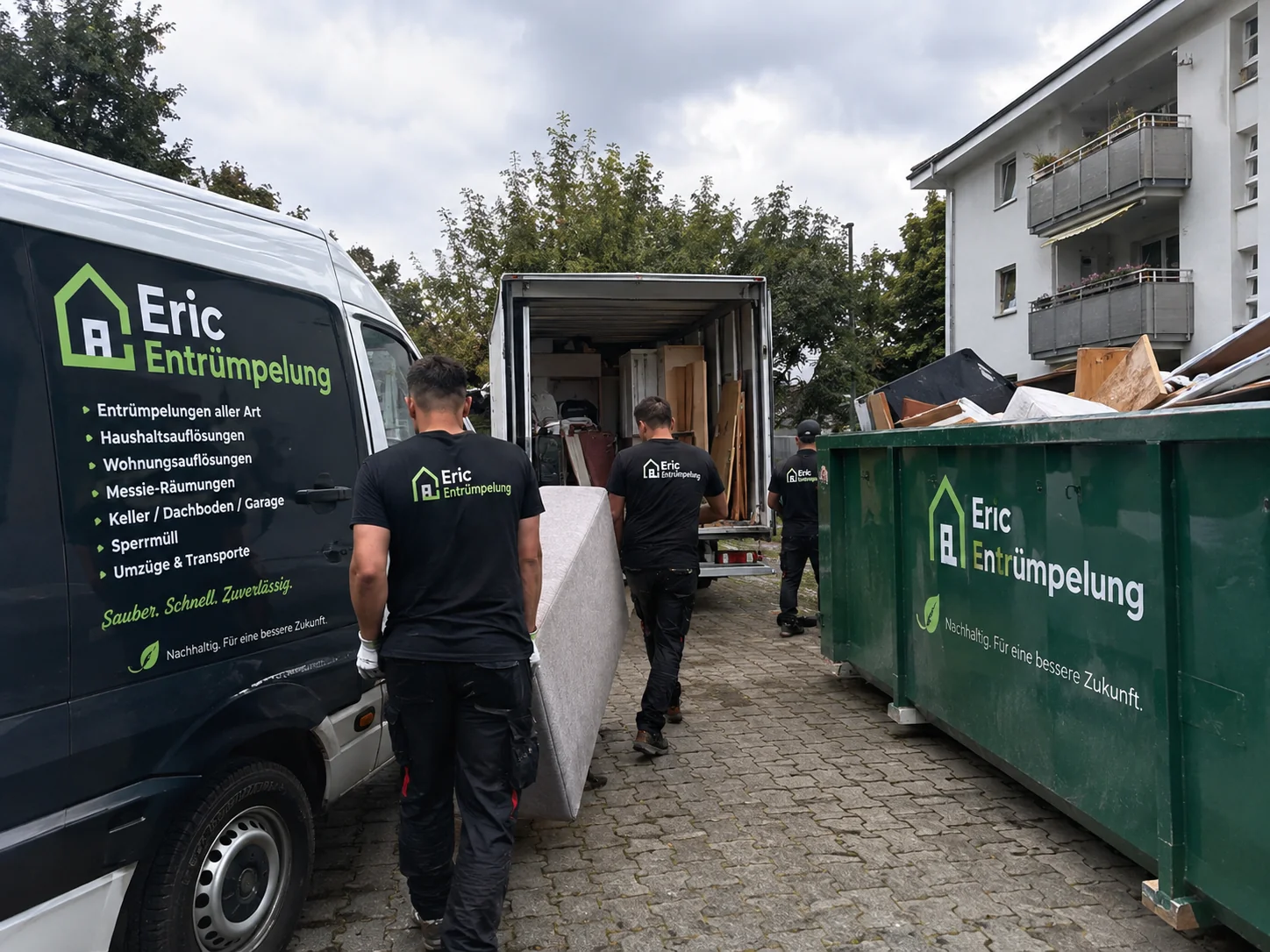 Team von Eric Entrümpelung belädt einen Container mit Sperrmüll